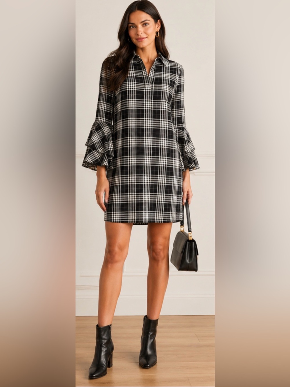 Alice + Olivia Jem Plaid Ruffle Bell Sleeve Shirt Dress Black White Size M - Picture 2 of 13